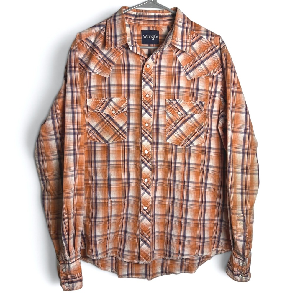 Wrangler Mens Large Western Pearl Snap Shirt Orange Plaid Cowboy Rodeo